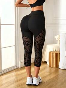 Women's Fashion Fitted Capris With Hollow Mesh Patchwork Design, Butt-Lifting Tummy-Control Leggings, And Fabric Black Sports Summer - Black - View 4