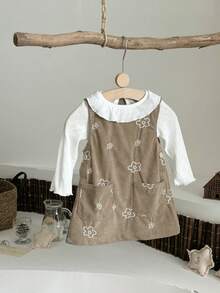 INS Toddler Baby Girl Brown Floral Embroidered Corduroy Overall Dress Spring Autumn - Maroon - View 4