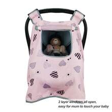 Pink Heart Print Baby Car Seat Canopy Cover With Breathable Mesh Window Windproof Sun Protection Infant Carrier Cover Multi Use Nursing Stroller Cover - Multicolor - View 4