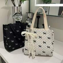 1pc/Women/Minimalist Style/Large Capacity/Fashionable Bag/Versatile Bag/Student Bag/Casual/Outing/Handheld/Commute/Lunch Box/Water-Resistant Bag/Canvas Material/Bowknot/ - View 8