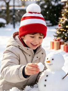1pc 8-16 Years Old Christmas Red & White Fashion Striped Pom Pom Beanie, Warm & Cold-Proof, Suitable For Cold Winter, Boys & Girls - Multicolor - View 6