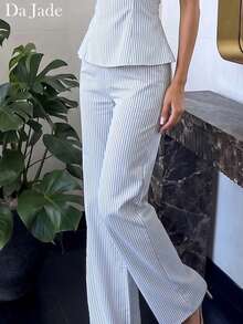 Conjunto de 2 piezas a juego con rayas estilo Y2K Preppy para mujer, top corto con volantes y pantalones acampanados de cintura alta, tela suave, para verano, uso diario, vacaciones y streetwear - Azul y blanco - Ver 2