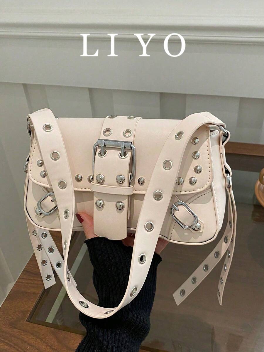Fashion Studded Women's Handbag, Shoulder Bag, Armpit Bag, Crescent Shape Bag, Biker Chain Bag