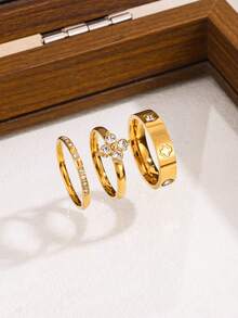 3pcs 18K Gold Plated Exquisite Luxury Sparkling Ring Set, Stainless Steel Jewelry Set, Multiple Sizes Available, Solve Your Size Anxiety, Waterproof, Wear-Resistant, Hypoallergenic, Suitable For Women's Daily Wear, Party, Gift, Vacation, Fashion Jewelry - Golden 1 - View 3