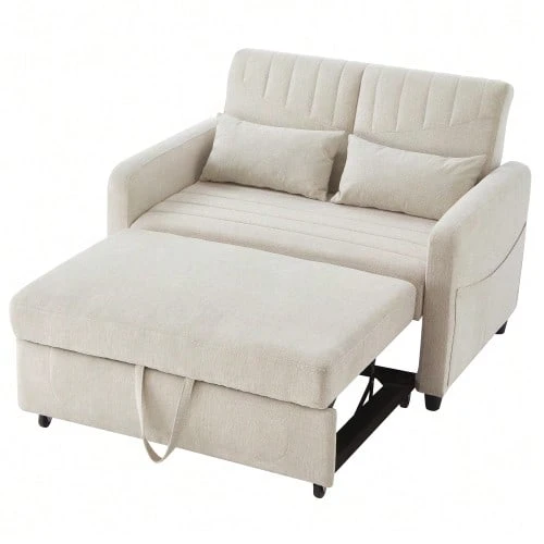 [Sofa Bed With Reclining Function] Two-Seater Folding Sofa Bed, Extendable Design, Simple And Modern Style, Three-Position Adjustable Backrest, Breathable Cotton And Linen Fabric. - Beige - View 1