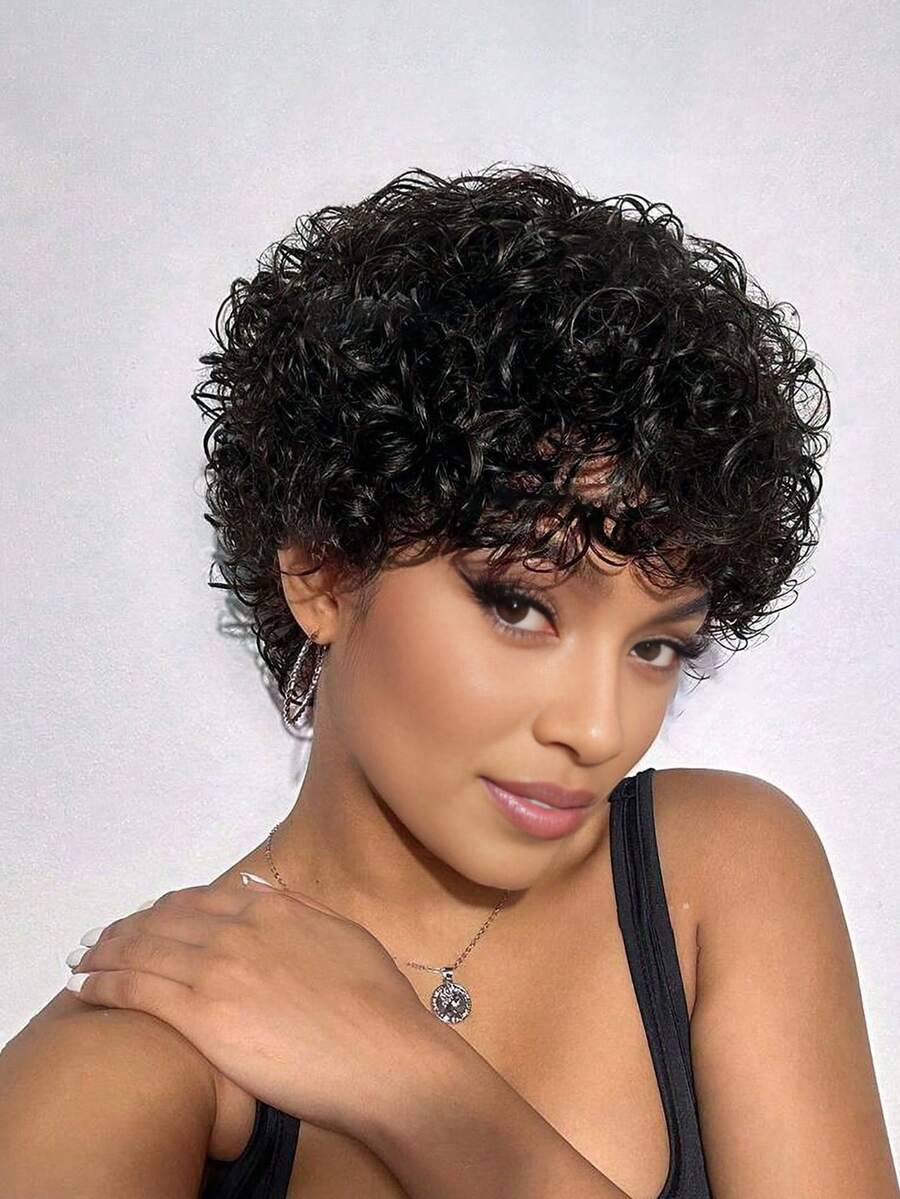 Short Water Wave 6 Inch Human Hair Wig Black Color For Women Brazilian Hair 150% Density Full Machine Made