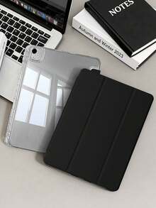 1件透明壓克力三折黑色平板保護殼，適用於 iPad 機型，三折可調支架，內置筆槽，高透明壓克力背殼，防震，磁吸/自動休眠喚醒，極簡/休閒/經典，平板三折保護殼翻蓋，不含筆，部分機型附相機框 - 黑色 - 查看 3