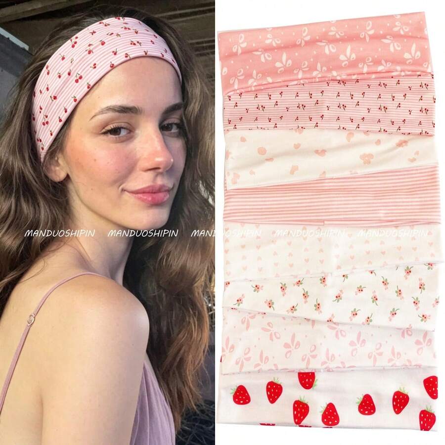 1pc New Sweet Floral Print Headband, Ins Style Pink Tone, Fashionable Versatile Elastic Headscarf, Sports Headband For Girls - Multicolor - View 1