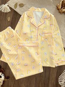 Women's Long Pants Pajama Set, Cute Cat And Moon Print Long Sleeve Button-Up Top, Soft Striped Loungewear, 2-Piece Sleepwear - Yellow - View 3