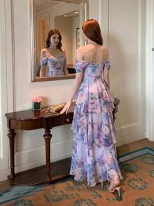 Abito elegante da donna con stampa floreale, scollo a spalle scoperte, arricciature e strati, abito da sposa bohémien con chiusura a cerniera, adatto per l'estate - Multicolore - Visualizzare 3