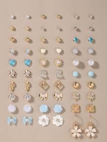 30 Pairs Fashion Minimalist Women's Exquisite Stud Earrings, Bowknot, Flower, Heart-Shaped Assorted Earrings Set For Daily, Casual, Outing And Date Wear - Multicolor - View 1