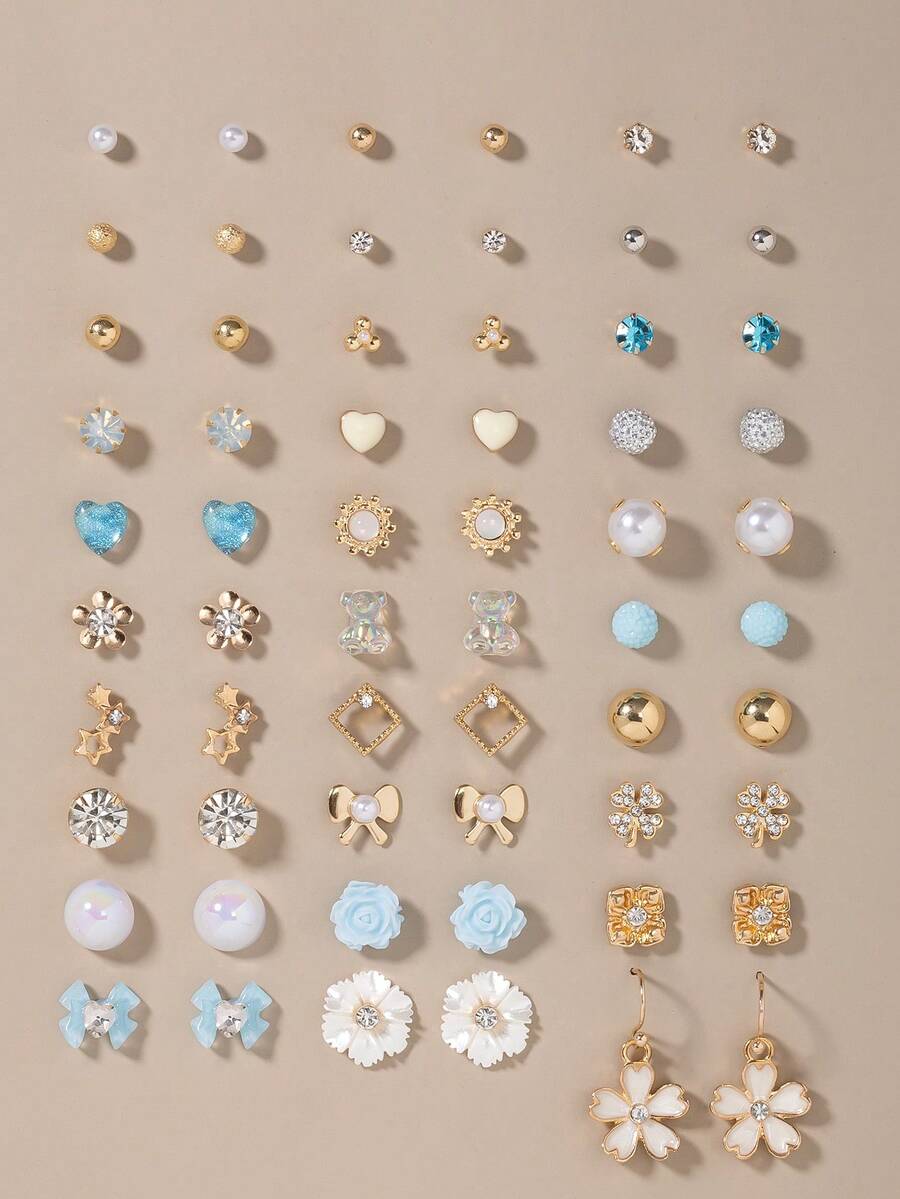 30 Pairs Fashion Minimalist Women's Exquisite Stud Earrings, Bowknot, Flower, Heart-Shaped Assorted Earrings Set For Daily, Casual, Outing And Date Wear - Multicolor - View 1