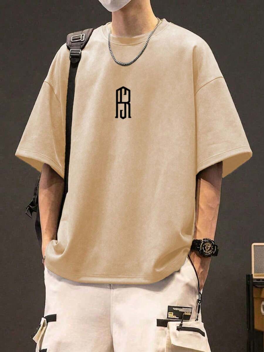 男士字母印花休閒圓領短袖T恤,適合日常穿著,春夏款 - 杏色 - 查看 1