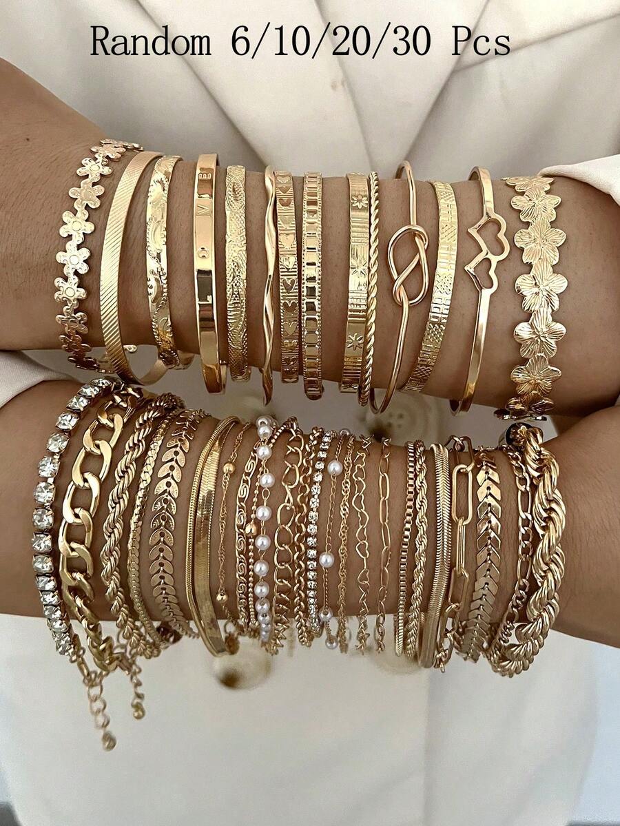30/20/10/6pcs Vintage Geometric Pearl Crystal Braided Multi-Layer Stacking Metal Bracelet Set. Elegant Jewelry For Daily, Party & Holiday Gift - 金黃色 - 查看 1