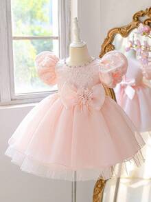 Young Girls Puff Sleeve Faux Pearl Rhinestone Sequin Embroidered 3D Flower Satin Starry Tulle Flower Girl Dress, Headband Not Included - Baby Pink - View 3