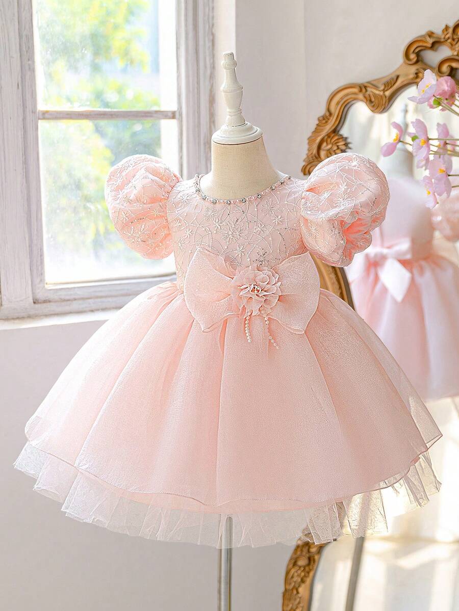 Young Girls Puff Sleeve Faux Pearl Rhinestone Sequin Embroidered 3D Flower Satin Starry Tulle Flower Girl Dress, Headband Not Included - Baby Pink - View 1
