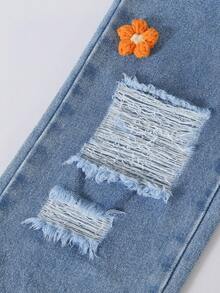 Girls' Denim Jeans With 3D Floral Applique, Elastic Waist, Distressed Wide Leg, Washed Denim Long Pants, Cute Versatile Style - Medium Wash - View 5