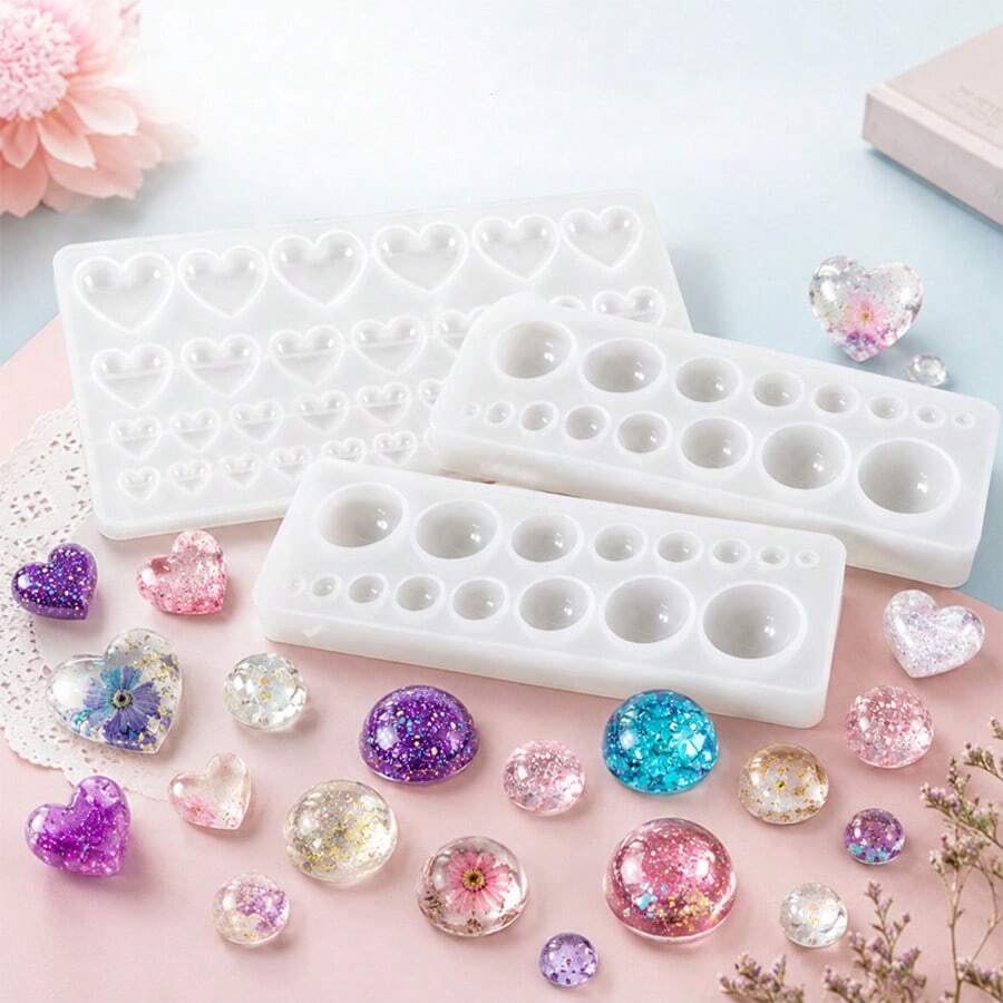 Round & Heart-Shaped Silicone Resin Mold For Gemstone Earring And Jewelry Making - Perfect For Creating Unique Gemstone Designs, Jewelry Making | Decorative Earrings | Glossy End, Jewelry Casting Supplies, Resin Silicone Mold For Jewelry - Silicone Mold - View 1