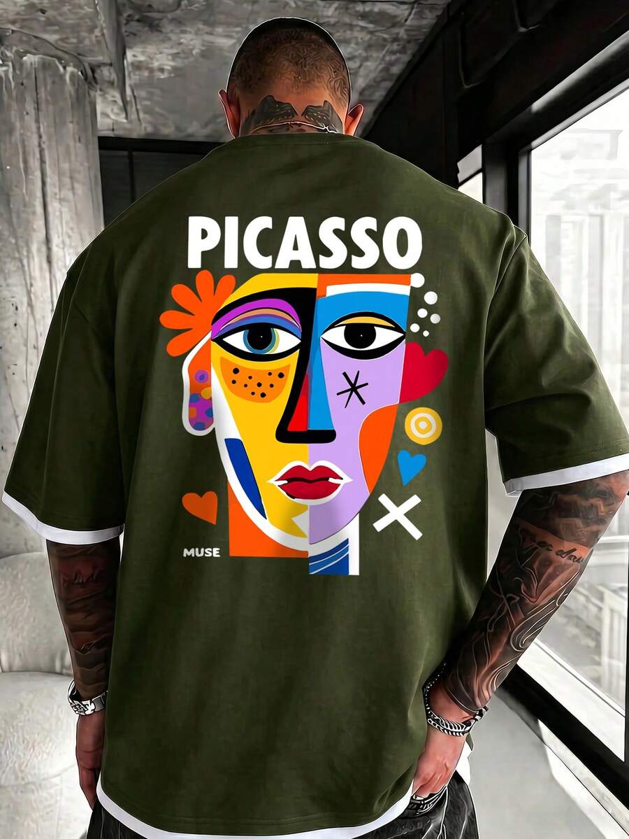 Men's Vintage Patchwork Pattern T-Shirt With Abstract Print, Suitable For Daily Wear