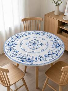 1pc Chinese Style Blue Floral Round Elastic Tablecloth, Minimalist Elegant Polyester Fitted Table Cover With Blue And White Porcelain Peony Print, Suitable For Dining Room, Kitchen, Patio, Autumn Decor, Wedding Decor, Room Decor And Home Decor - Multicolor - View 4