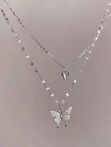 1pc S925 Sterling Silver Mori Style Fresh Double Layer Tassel Butterfly Pendant Necklace, Women's Minimalist Elegant Elegant Light Luxury High-End Personalized Exquisite Niche Fashion Versatile Neck Accessory, Valentine's Day Gift - Butterfly - View 9