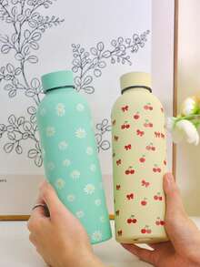 Botol Minum Portabel Berinsulasi dengan Lapisan Karet, Ukuran 500ml/16.9oz, Bentuk Mini Pita Stainless Steel + Motif Ceri, Cocok untuk Penggunaan di Rumah dan Olahraga Luar Ruangan, Hadiah Sempurna untuk Keluarga dan Teman yang Kembali ke Sekolah - MultiWarna - View 6