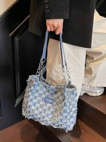 Fashion Striped Large Capacity Chain Zipper Tote - Daily Commute Shoulder Bag For Girls, Students, Office. - Blue - View 4