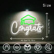 1件 Congrats Grad LED 霓虹燈牌 - USB供電可調光牆飾，畢業帽與香檳杯設計，手寫體風格燈光，適用畢業派對、居家辦公慶祝，耐用塑料材質，畢業裝飾，派對氛圍燈光，裝飾，工廠直供 - 綠色,白色 - 查看 3