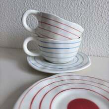 1 Set 2pcs 280ml Round Striped Ceramic Coffee Cup And Saucer, Minimalist Home Afternoon Tea Tableware, Mug, Milk Breakfast Cup, Holiday Gift - Multicolor - View 10