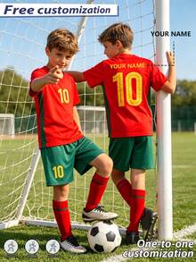 Kids New Red & Green Football Jersey Set #10, Personalized Name Custom Soccer Uniform For Boys & Girls, Suitable For Football Party, Weekend Casual, Running, Yoga, Hiking -- Spring/Summer Sportswear, Suitable For Outdoor Activities - Red - View 5