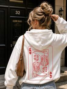 1pc Women's Western Cowboy Boots Pattern Loose Comfortable Hooded Sweatshirt, Vintage Red Heart Queen Pullover Pullover Sweatshirt White Casual Fall - White - View 5