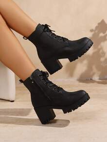European And American Minimalist Fashion Autumn/Winter New Western High Heel Ankle Boots, Metal Belt, Rhinestone Buckle Decoration, Chunky Heel, Thick Sole, Boots, Multiple Color Options, Simple Versatile Fashion Design Naked Boots, Motorcycle Boots, Riding Boots, Black - Black - View 6