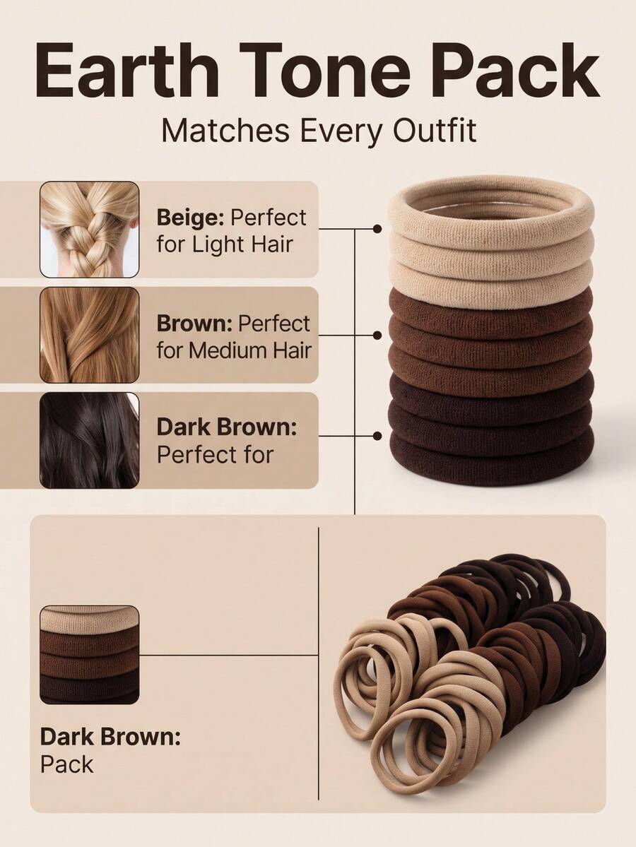 20pcs Women's High Elastic Hair Ties, Simple Basic Ponytail Holders For Daily Use, Stretchy Hair Bands For Thick Thin Hair, Bulk Hair Accessories - Coffee - View 1