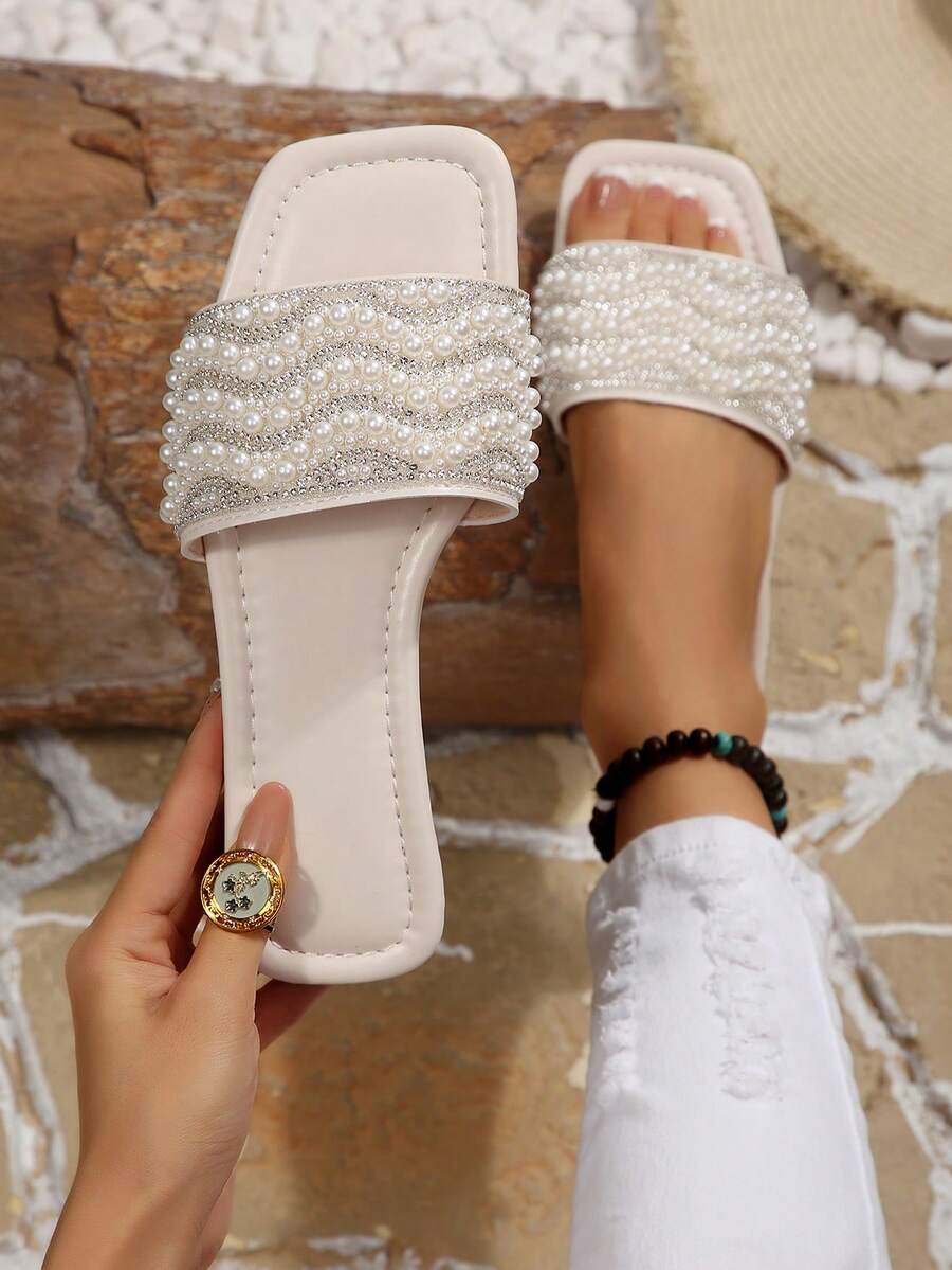 2026 Summer New Fashion Square Toe Casual Mule Open Toe Versatile Beach Soft Sole Comfortable Fairy Rhinestone Flat Slide Sandals For Women - Beige - View 1