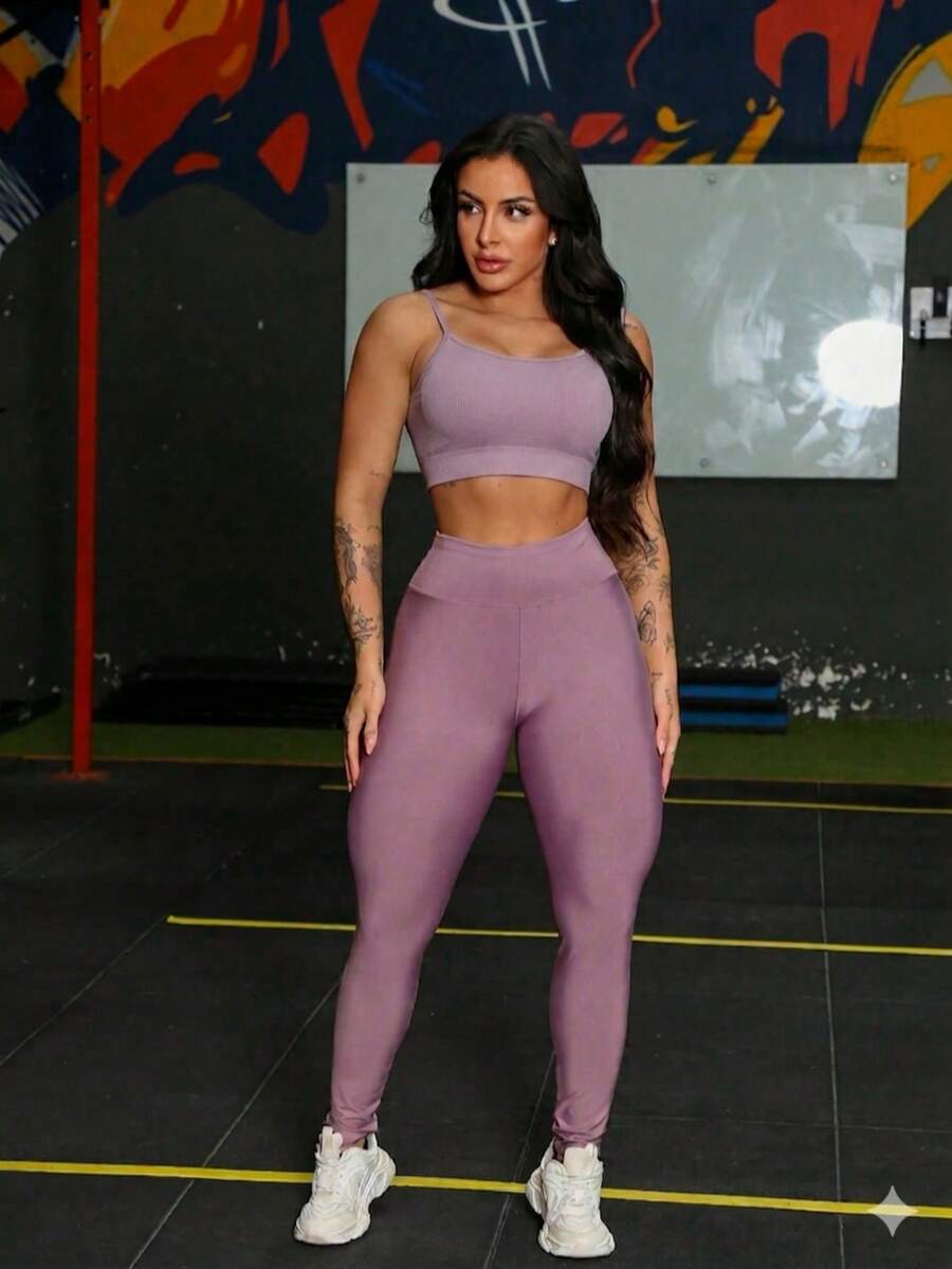 Fitness Gym Set Strappy Padded Top - Morado claro - Ver 1
