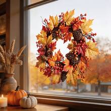 Thanksgiving Theme Autumn Decoration, Featuring A Harvest Wreath With Red-Orange Gradient Maple Leaves, Plump Red Berries And Pinecones, Beautiful Stickers - Autumn Wind - View 4