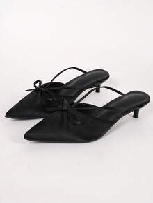 Black Satin Thin Strap Bow Pointed Toe Kitten Heel Mule Slippers Women's Low Heel Commuter All-Season Shoes - Black - View 5
