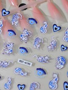 1pc Blue Floral Cat Evil Eye Nail Stickers Gradient Heart Nail Sliders Self-Adhesive Disposable Embossed Nail Decor INS Style Suitable For Holiday Party Daily - 彩色 - 查看 3