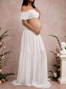 Maternity Strapless Ruffle Hem Dress, Chiffon Moderate Stretch Ruffle Detail Front Slit Ruffle Hem Maternity Photography Baby Shower Party Dress Fall - White - View 3