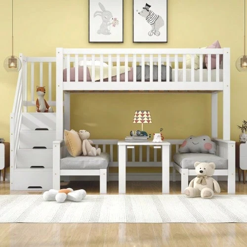Bunk Bed, Children's Bed, Multifunctional Height-Adjustable Table, Sturdy Storage Stairs, - White - View 1