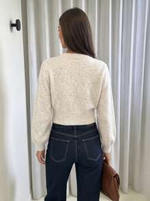 Mori Autumn/Winter Women's Y2K Fashion Cream/Beige Mixed Color Plush Knit Cardigan, Button Round Neck Crop Top, Streetwear Style Fall - Brown - View 5