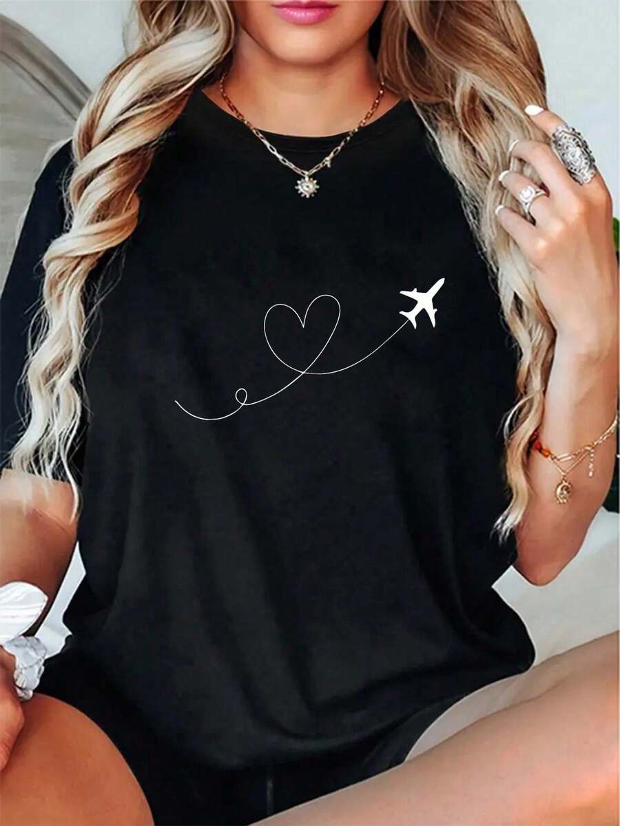 100% Cotton Graphic Airplanes And Hearts Funny Costume Flying For Lovers T-Shirt - 黑色 - 查看 1