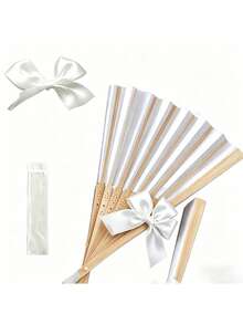 1/3/9/15pcs Customized White Bow Ribbon Multi-Piece Party Favors, Customized Wedding Hand Fans, White Folding Elegant Paper Fans, Bridal Wedding Gifts, Green Ribbon Accessories, Fashionable And Easy To Use, Free Customization Of Any Text - Multicolor - View 8