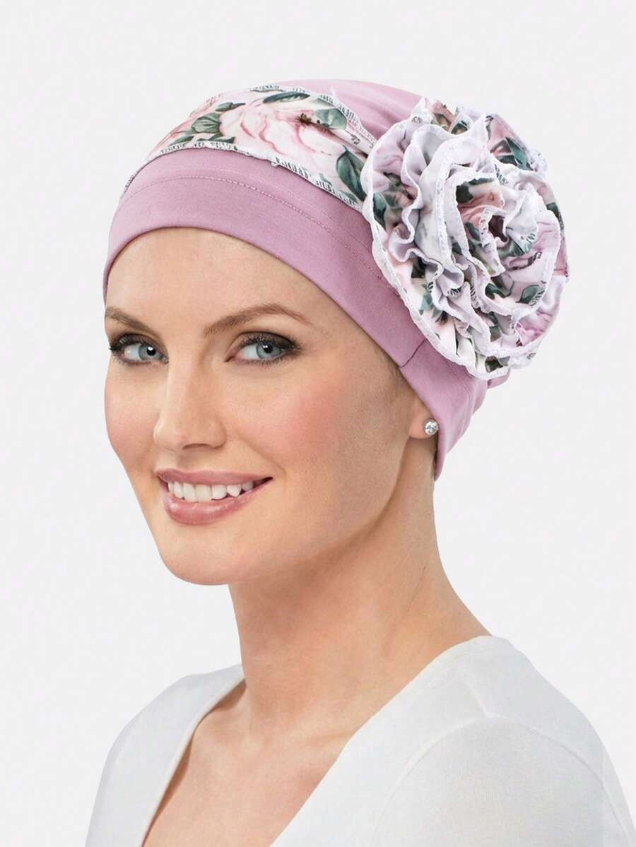 1pc Women's Side Flower Headscarf Hat, Chemotherapy Hat, Postpartum Hat, Hair Protection Cap, Suitable For Daily Use - Skin Powder - View 1