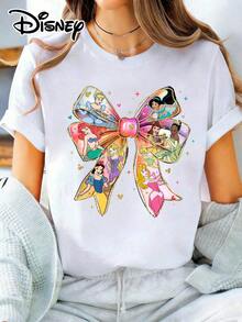 Disney Princess Glitter Bow Graphic Tee - Women's Casual Short Sleeve Crew Neck T-Shirt - 白色 - 查看 2