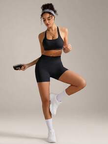 VVX Women's Built-In Bra Fitness Set, Elastic Sports Outfit, Suitable For Yoga, Cycling, Gym Training - Black - View 2