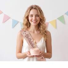 2Pcs Rose Gold Birthday Girl Rhinestone Tiara & Glitter Sash Set Women Princess Crown Headband Party Decorations Gift - Champagne - View 4