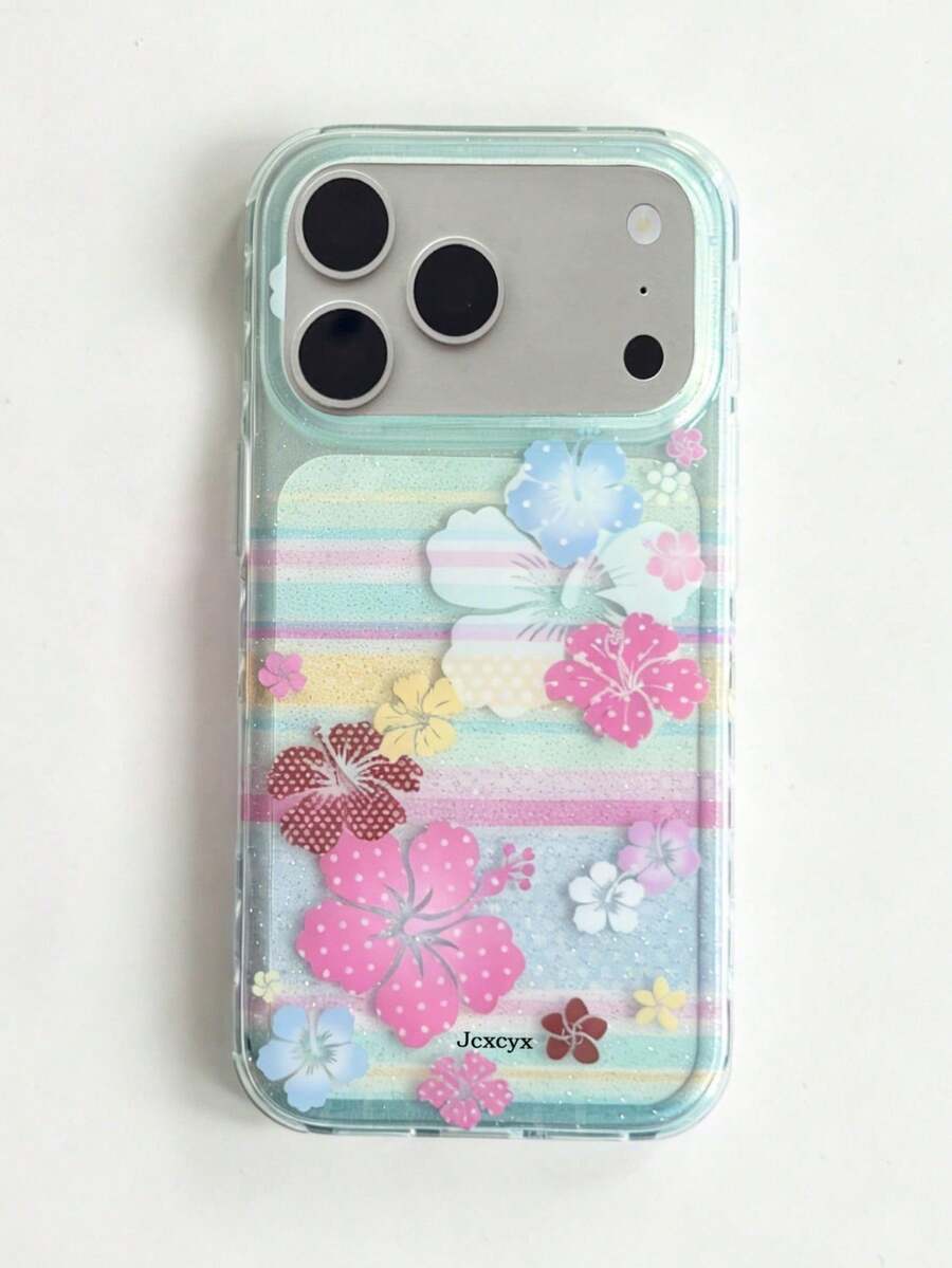 奢華木槿花花卉彩色條紋閃亮半透明手機殼，適用於 iPhone 18 Pro Max 18 Pro 17 Pro Max 17 Pro 16 Pro Max 15 13 Pro Max 14 Plus 17 Air 12 Pro 11，軟質小清新超薄亮片保護殼