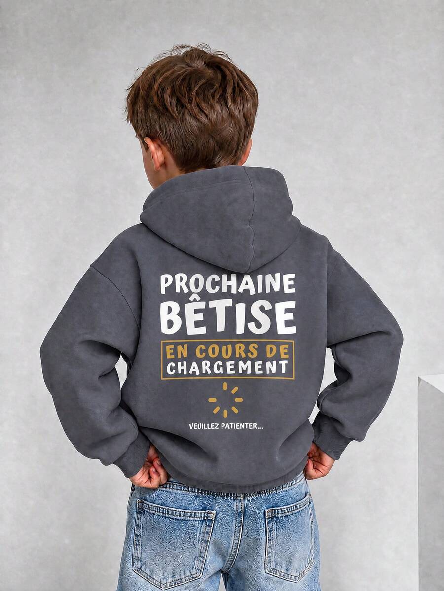 1pc Tween Boys Fun French Loading Print Long Sleeve Sweatshirt, Front & Back Double Print Design, Loose Casual Top, Spring/Autumn Children's Versatile Outfit For Outdoor & Daily Wear, Playful Kids Clothing - Dark Grey - View 1