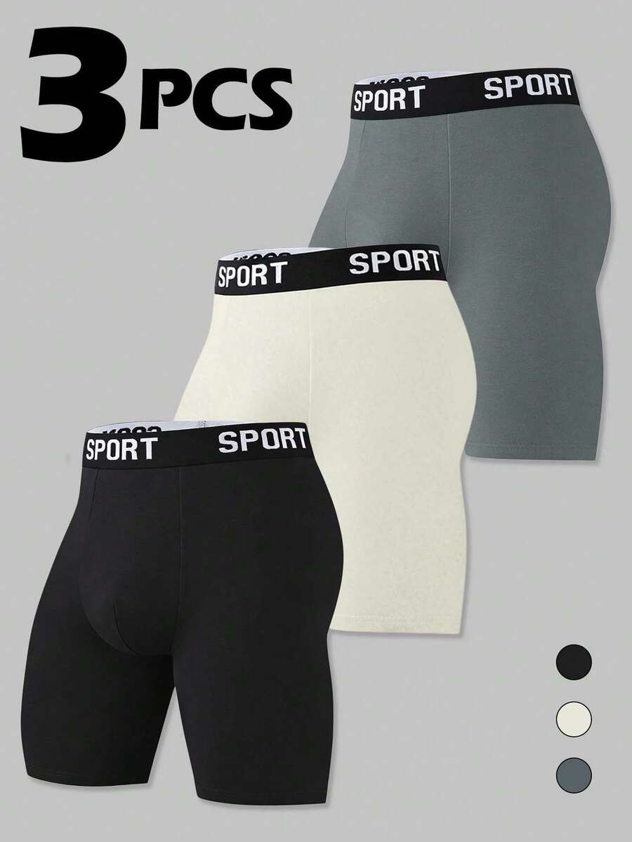3pcs/Set Men's Pure Cotton Long Leg Boxer Briefs, SPORT Letter Print Contrast Waistband, Multi-Color Daily Underwear Set